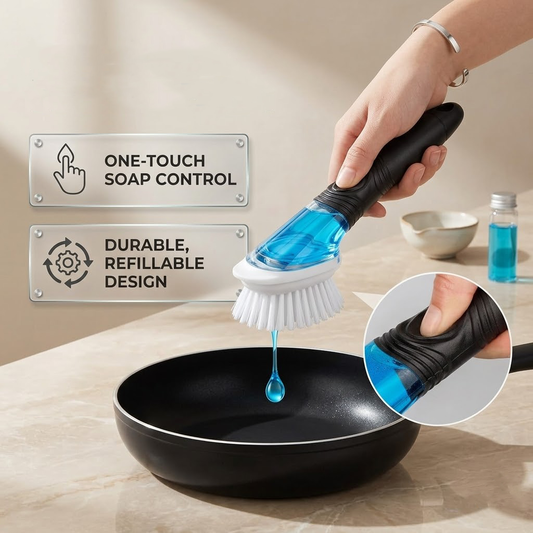 Polishpops® Push-Button Soap Dispensing Dish Scrubber - All-Purpose Kitchen Scrub Brush for Pots and Pans, Non-Slip Handle Dish Brush with Built-in Soap Dispenser