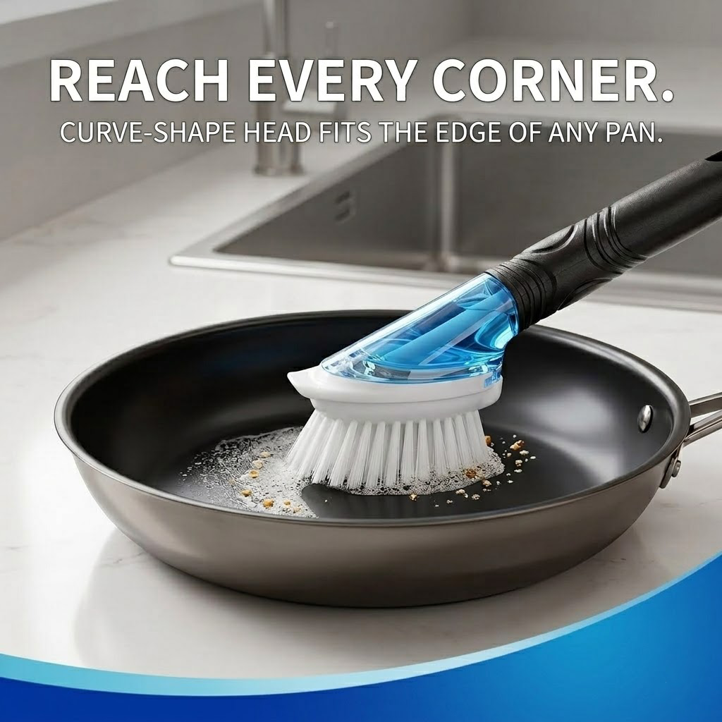 Polishpops® Push-Button Soap Dispensing Dish Scrubber - All-Purpose Kitchen Scrub Brush for Pots and Pans, Non-Slip Handle Dish Brush with Built-in Soap Dispenser